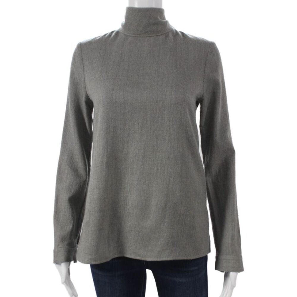 Vanessa Seward Women Wool Turtleneck Blouse Gray Long Sleeve Button Size 36